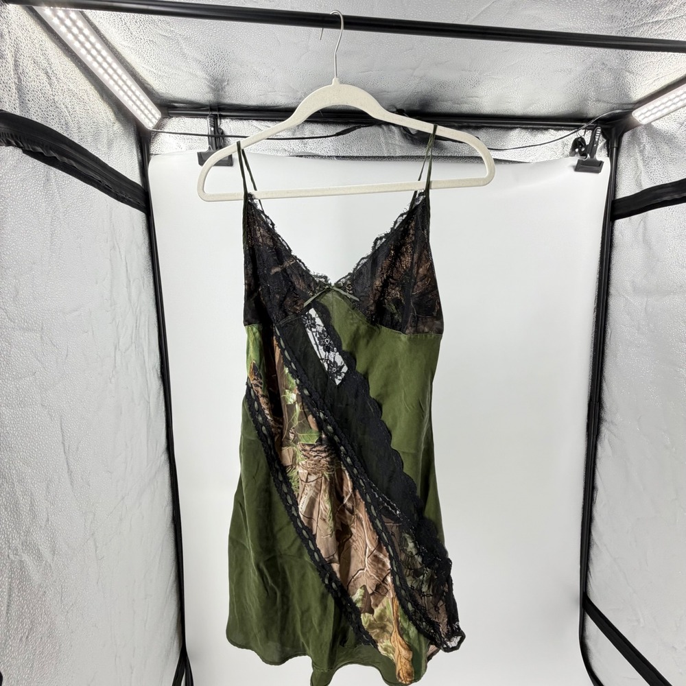 Natural Reflections 100% Silk Camo Lace Trim Chemise Nightgown Olive Green Large